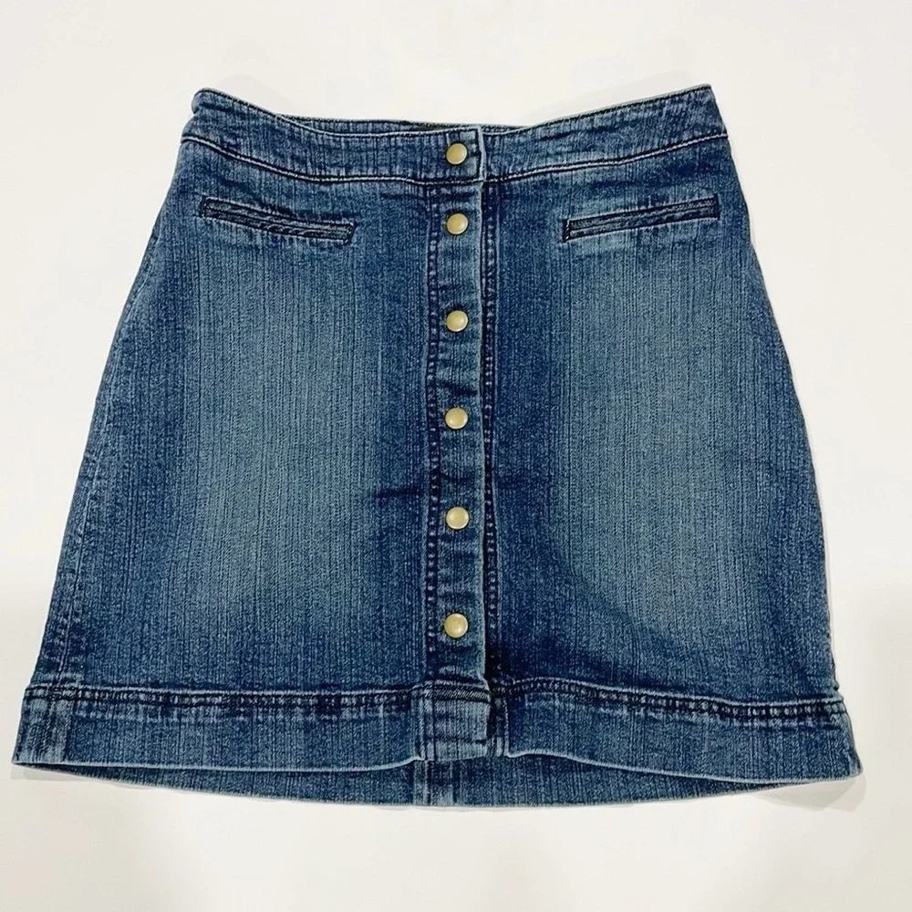 The Limited Denim Full Snap down front mini Skirt Women’s Sz 4 Blue Stretch‎ VTG